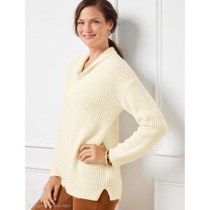 Talbots Shawl Collar Shaker Stitch Sweater Women's Large Cream Ribbed Knit